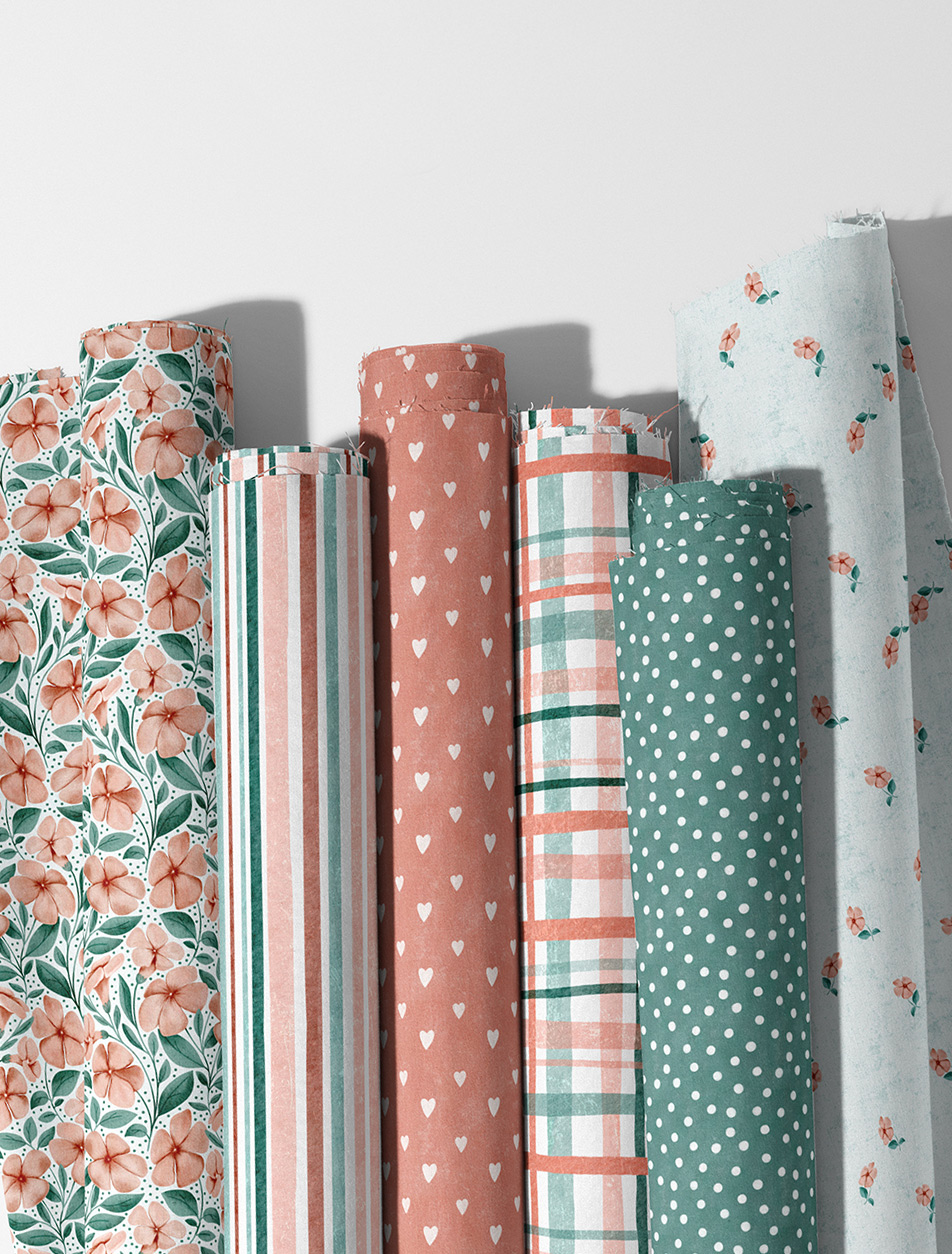 Detail of hand-drawn floral textile pattern on rolled fabric mockup