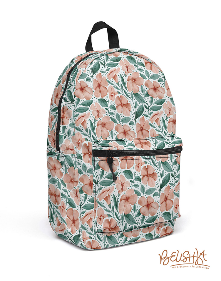 Hand-painted floral design on backpack mockup